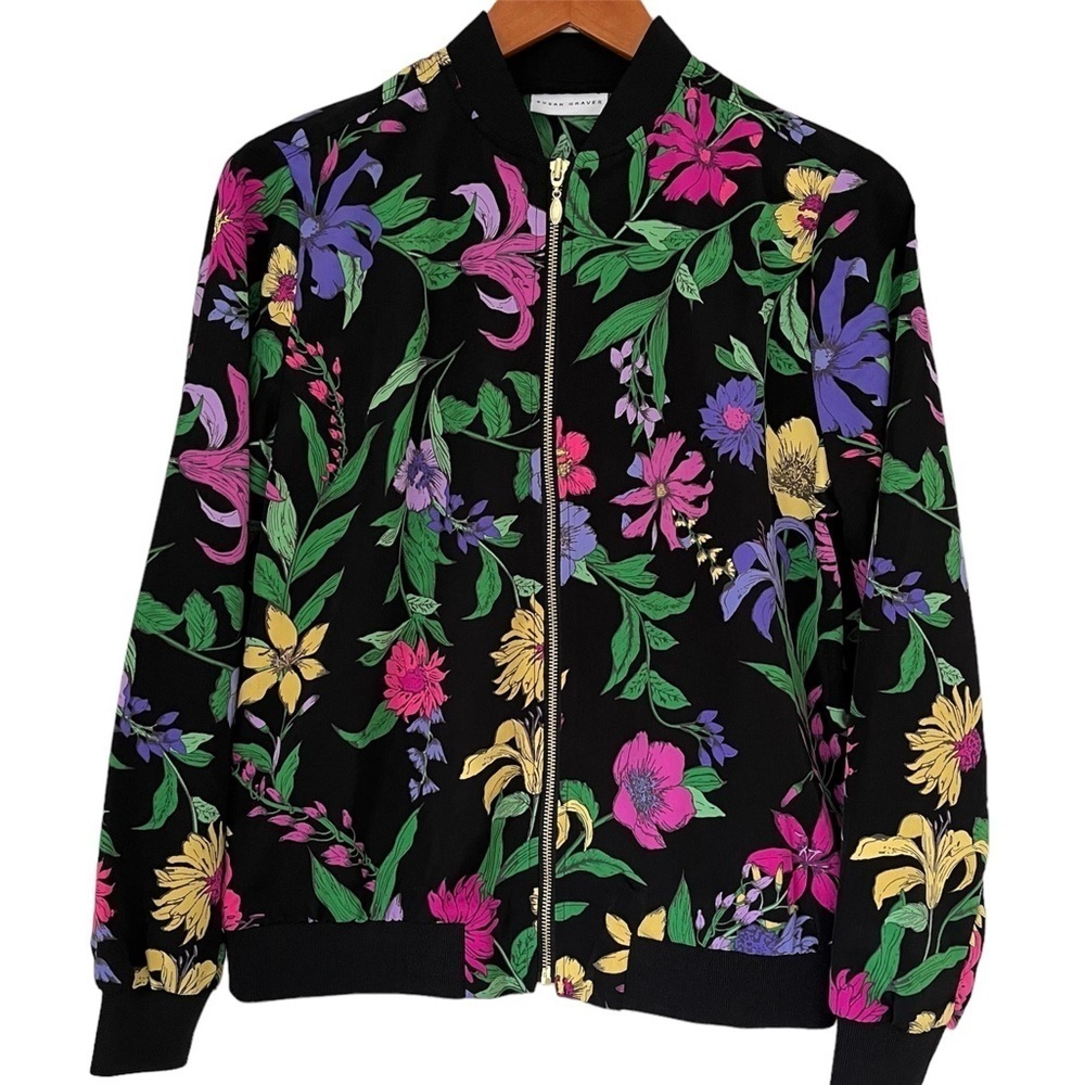 Susan Graver Bomber Floral Jacket XS Bloomcore Eclectic Retro Athleisure Boho